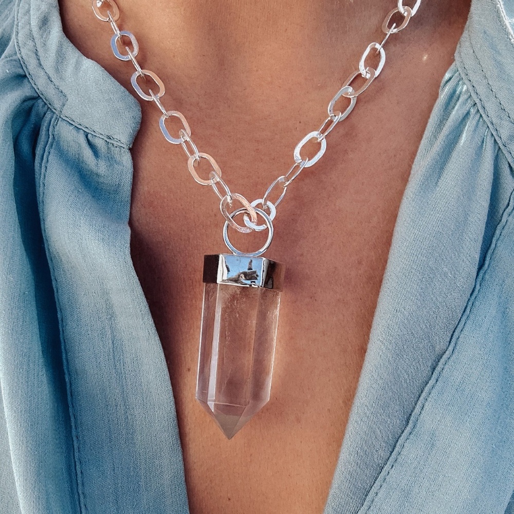 Huge Crystal Quartz Point Pendant - sterling silver chunky clear crystal pendant